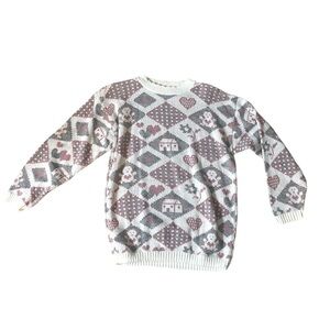 Light pink and gray vintage sweater teddy bears hearts and houses medium